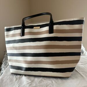 Kate Spade Neutral Stripe Tote Bag | Black Cream Tan | Pre-Loved